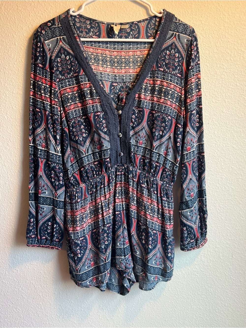 Roxy Navy and Coral Patterned Boho Romper